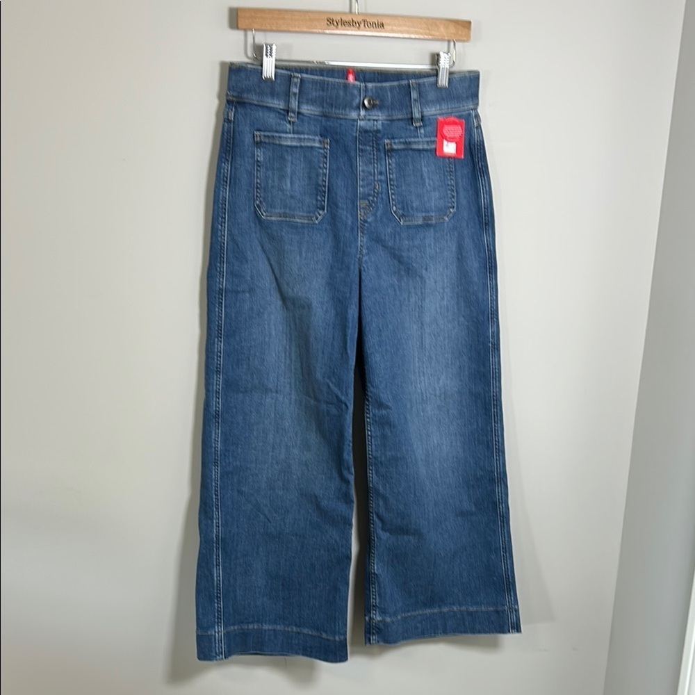 Spanx Cropped Wide Leg Jean Shaded Blue Shapewear Pockets High Rise sz M NEW - Picture 2 of 11